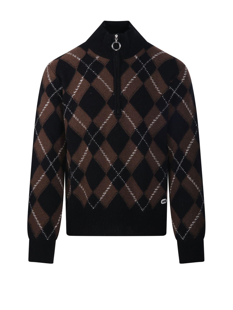 MEN AMI BROWN WOOL ZIPPED COLLAR SWEATER WITH AMI BOUCLETTE OVAL PATCH