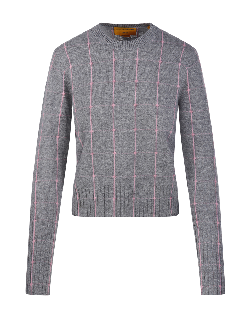 WOMAN GUEST IN RESIDENCE GREY CASHMERE SHRUNKEN CHECKER CREW SWEATER