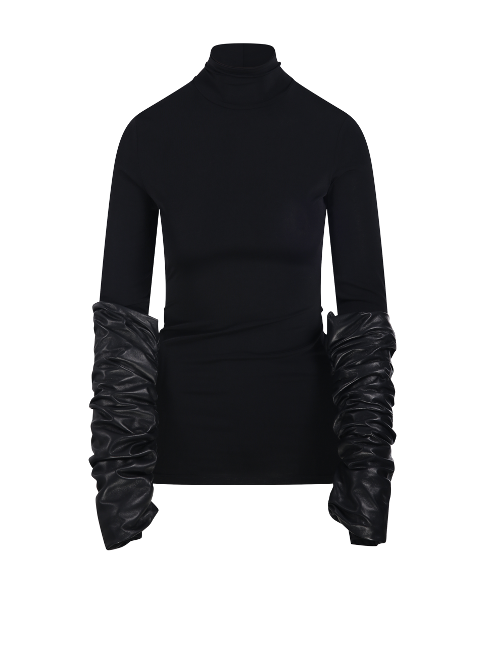CAMIE SLIM FIT TOP WITH DETACHABLE GATHERED LEATHER SLEEVES TOP