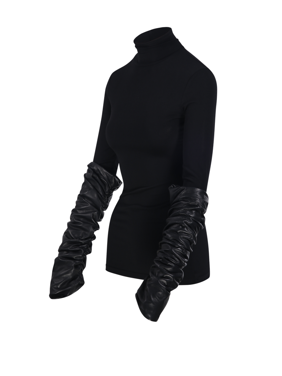 CAMIE SLIM FIT TOP WITH DETACHABLE GATHERED LEATHER SLEEVES TOP