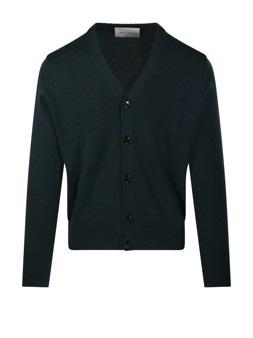MEN AMI GREEN WOOL RED ADC ROUND NECK CARDIGAN MERINO