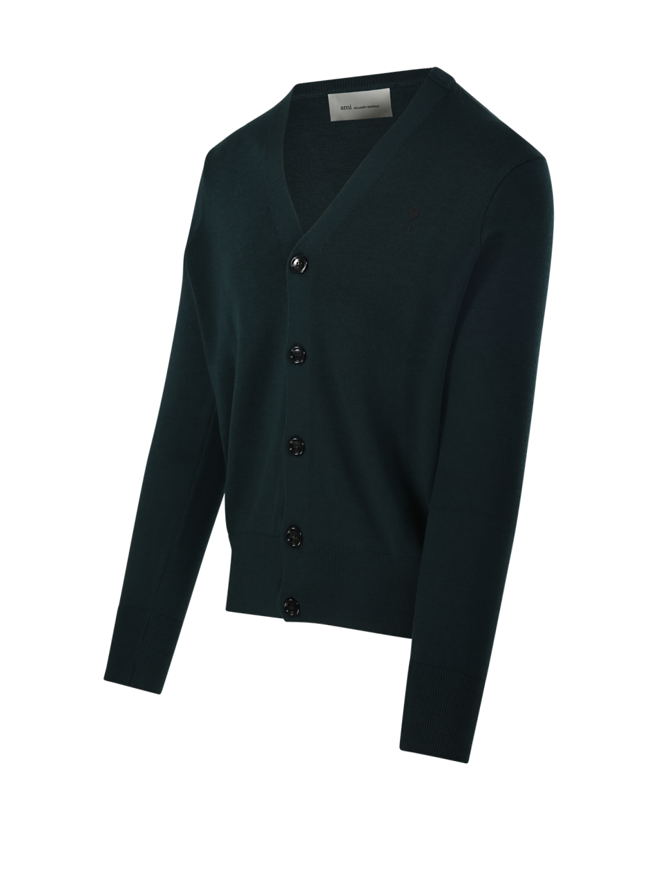 MEN AMI GREEN WOOL RED ADC ROUND NECK CARDIGAN MERINO