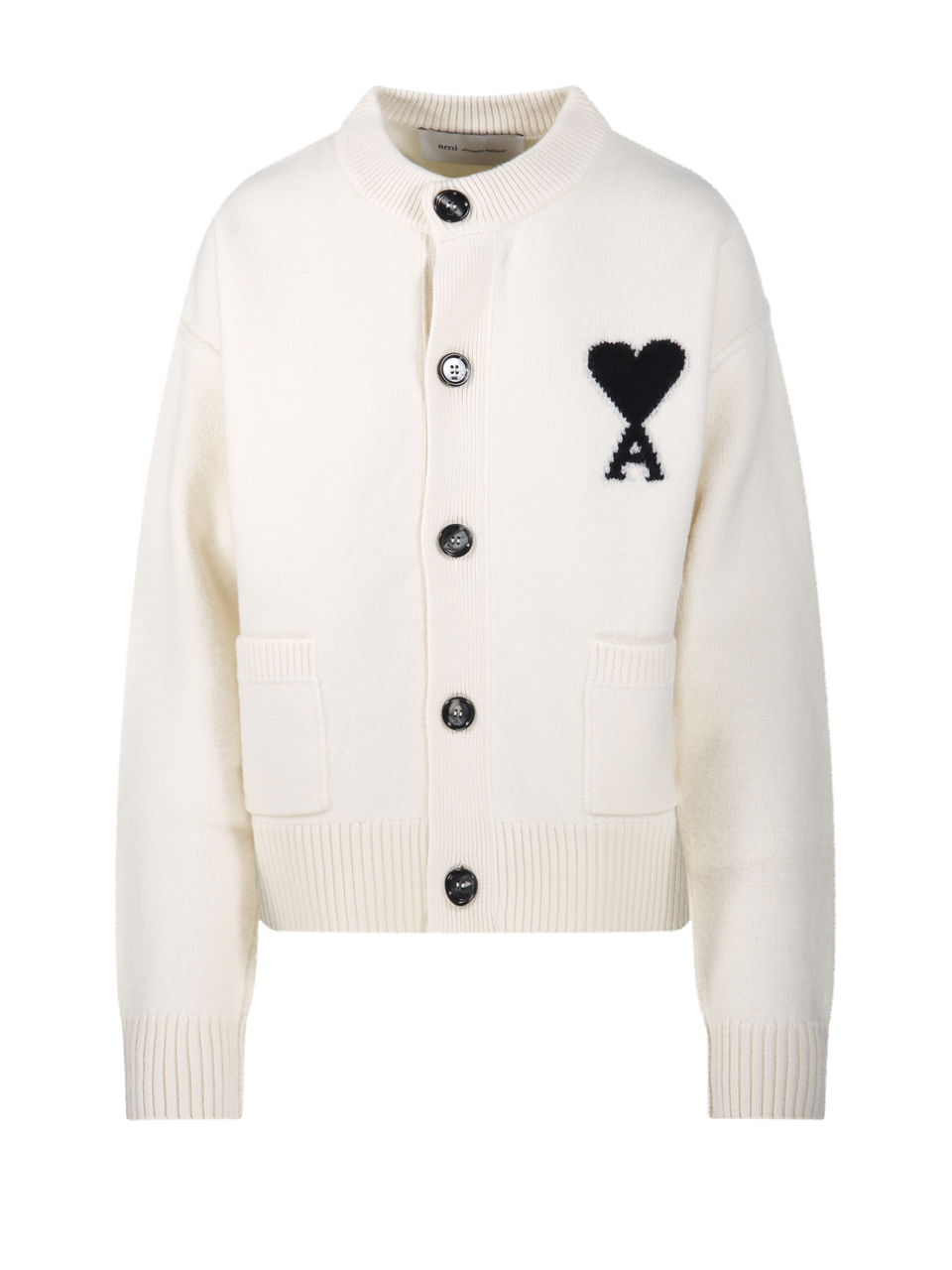 WOMAN AMI WHITE WOOL QUOTA - CREWNECK CARDIGAN WITH CONTRASTED AMI DE COEUR