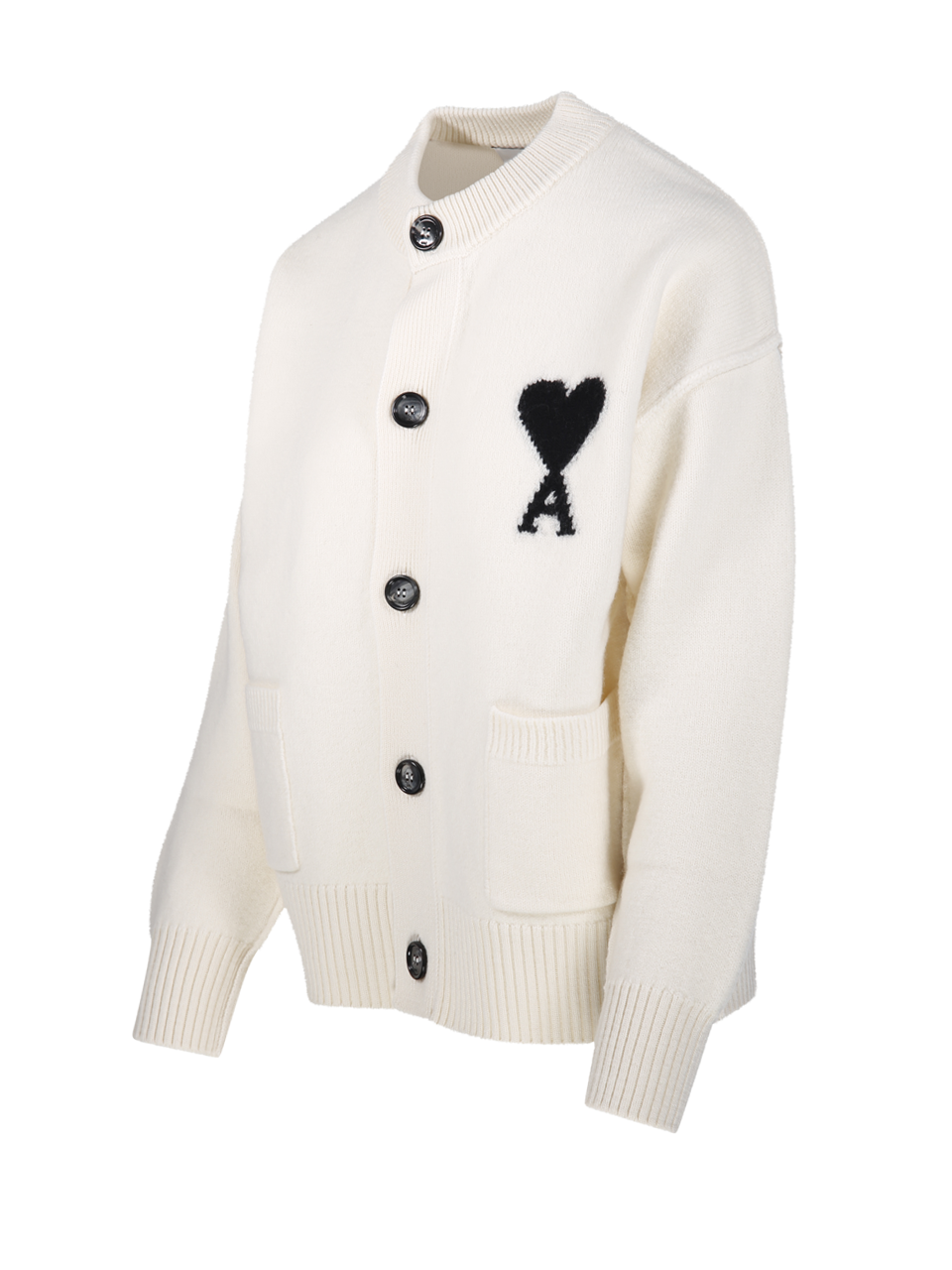 WOMAN AMI WHITE WOOL QUOTA - CREWNECK CARDIGAN WITH CONTRASTED AMI DE COEUR