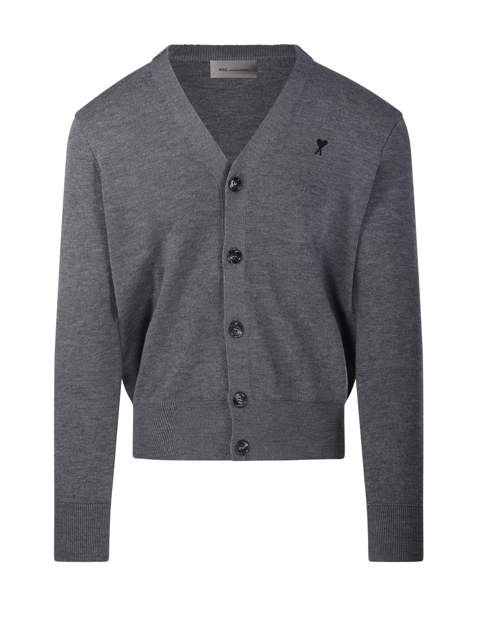 MEN AMI GREY WOOL RED ADC ROUND NECK CARDIGAN MERINO