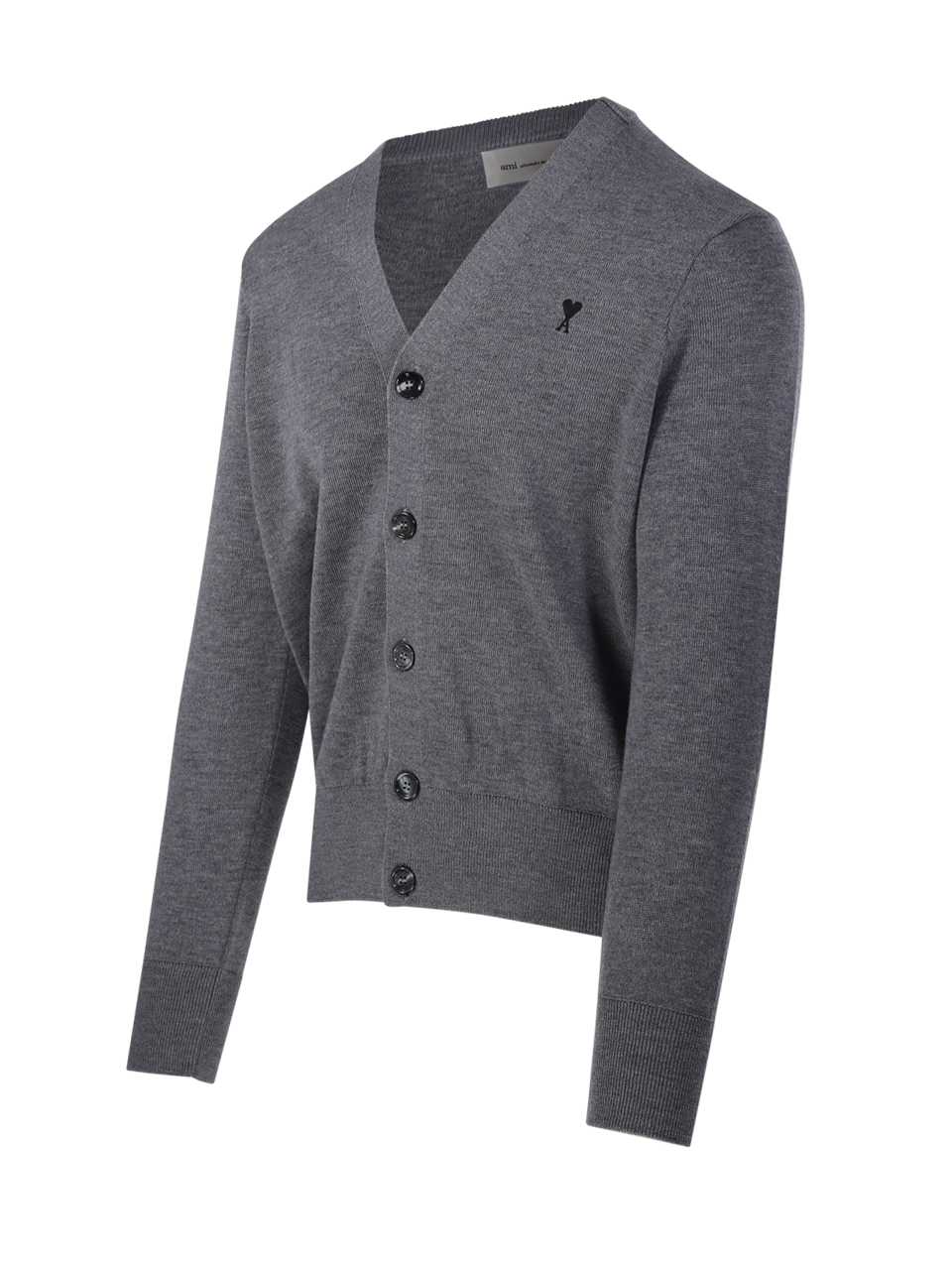 MEN AMI GREY WOOL RED ADC ROUND NECK CARDIGAN MERINO