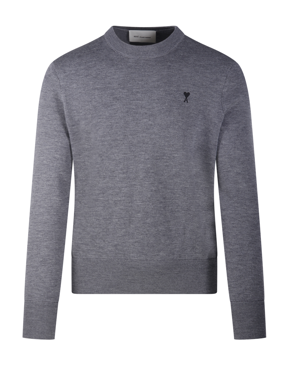 MEN AMI GREY WOOL RED ADC ROUND NECK SWEATER MERINO